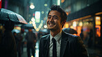 Asian man, thinking and businessman with night, city and professional entrepreneur in street. Happy, smiling and urban town with Japanese male wearing a business suit for leadership and bokeh success