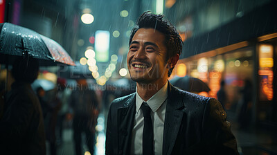 Asian man, thinking and businessman with night, city and professional entrepreneur in street. Happy, smiling and urban town with Japanese male wearing a business suit for leadership and bokeh success