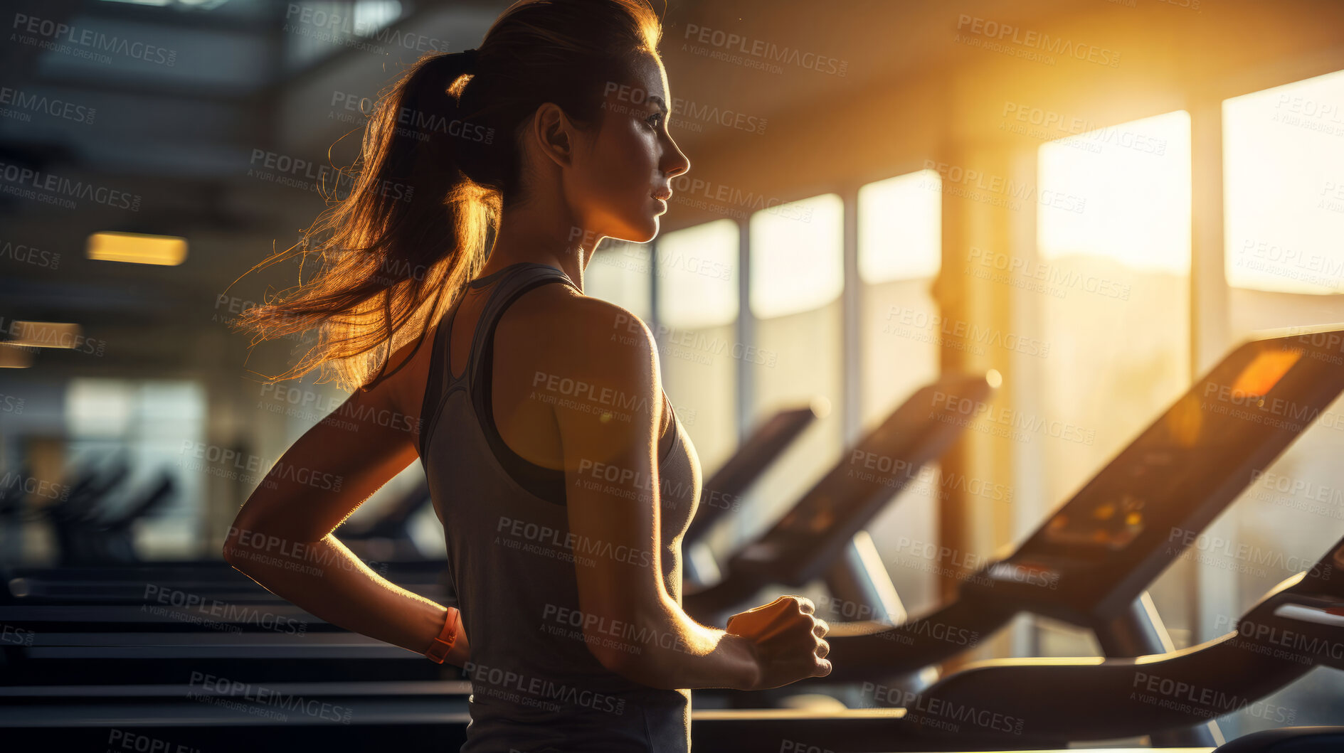 Buy stock photo Woman, gym and cardio with fitness, treadmill and training in gym for strength and sports. Thinking, vision and ideas for health, wellness and confidence with diet, exercise and weight loss