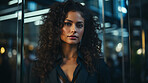 Black woman, portrait and business with night, office and professional entrepreneur in building. Serious, looking and urban with modern female wearing a business suit for leadership and bokeh success