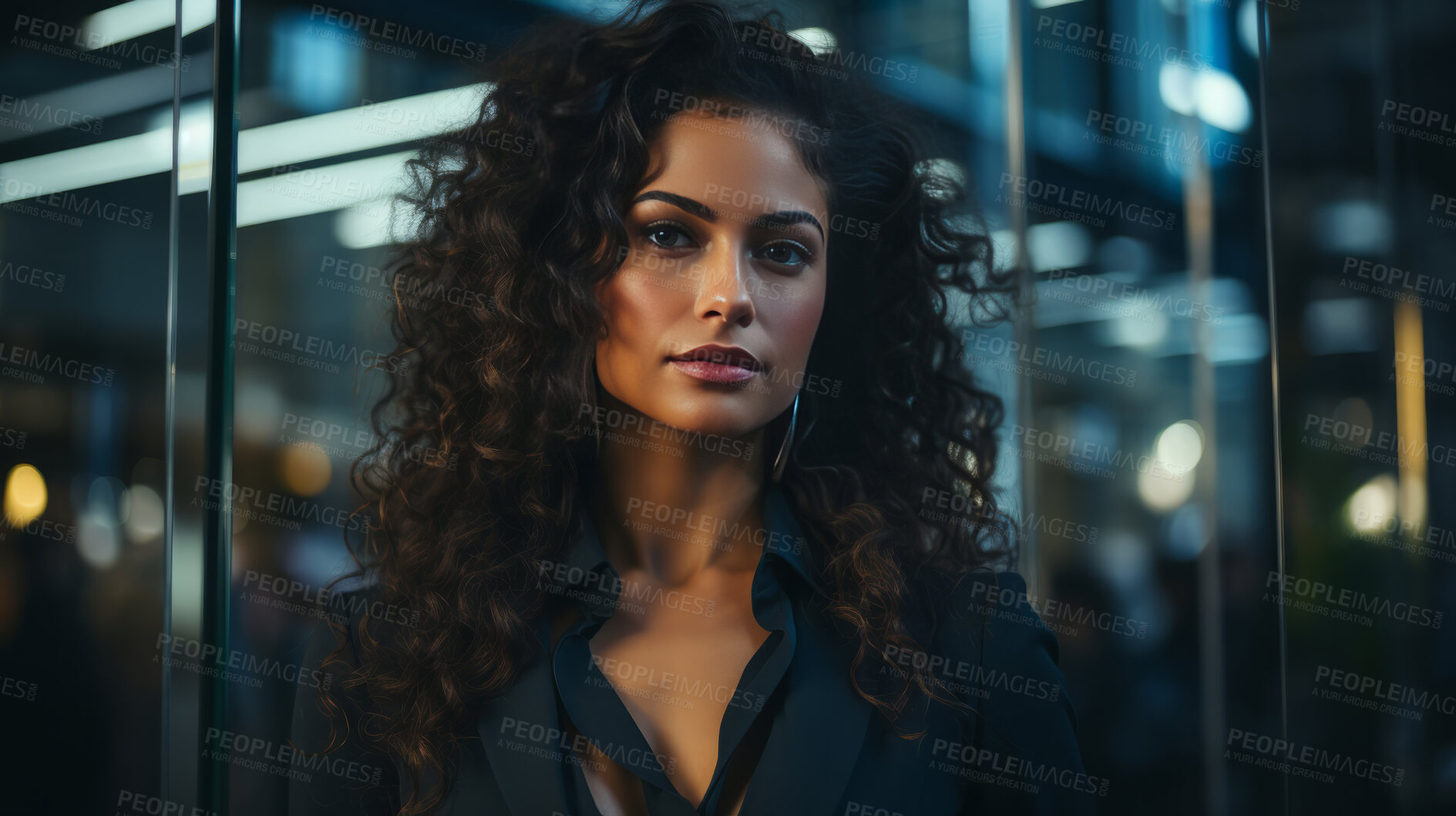 Buy stock photo Black woman, portrait and business with night, office and professional entrepreneur in building. Serious, looking and urban with modern female wearing a business suit for leadership and bokeh success