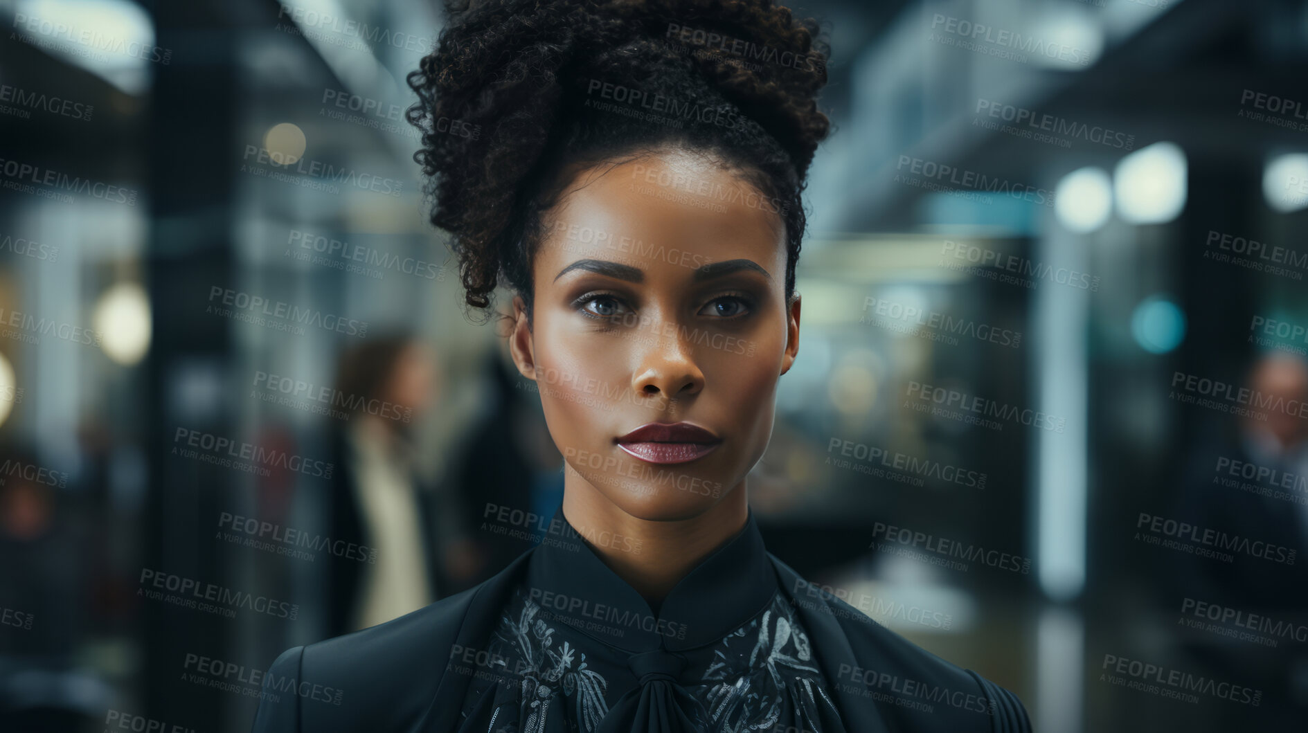 Buy stock photo Black woman, portrait and business with night, office and professional entrepreneur in building. Serious, looking and urban with modern female wearing a business suit for leadership and bokeh success