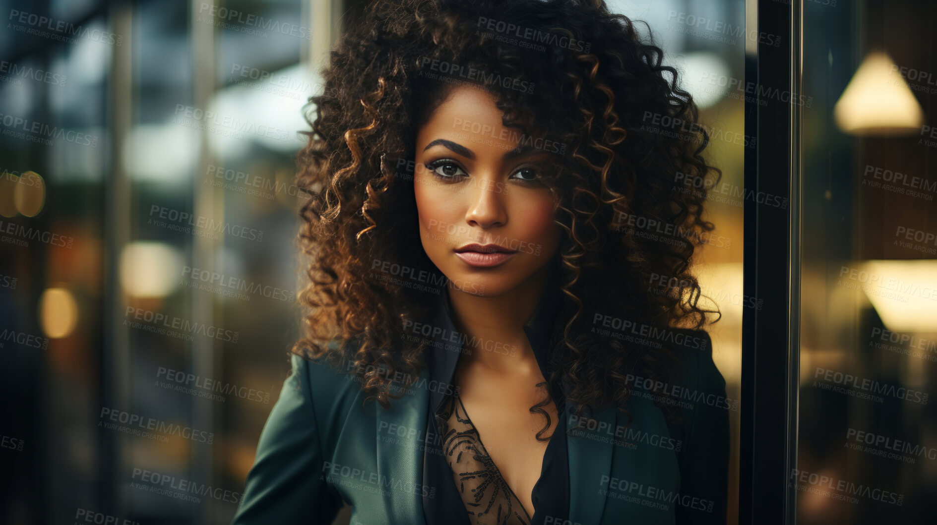 Buy stock photo Black woman, portrait and business with night, office and professional entrepreneur in building. Serious, looking and urban with modern female wearing a business suit for leadership and bokeh success