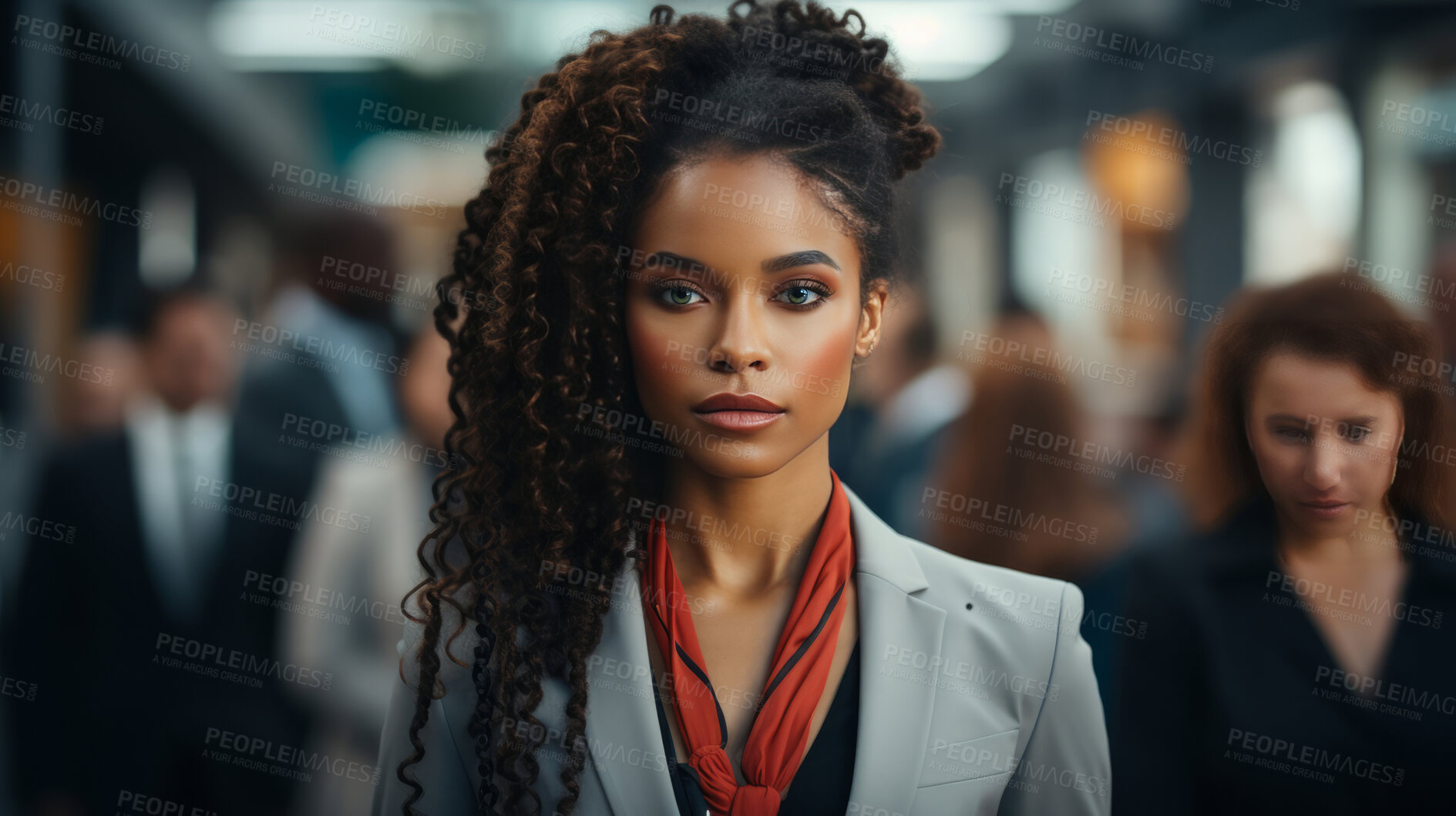 Buy stock photo Black woman, portrait and business with night, office and professional entrepreneur in building. Serious, looking and urban with modern female wearing a business suit for leadership and bokeh success