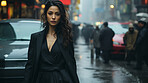 Woman, portrait and business with night, office and professional entrepreneur in building. Serious, looking and urban with modern female wearing a business suit for leadership and bokeh success