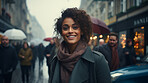 Black woman, portrait and entrepreneur with city background, street and professional. Happy, smiling and urban with modern female wearing a business suit for leadership, confidence and success