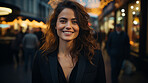 Woman, portrait and business with night, street and professional entrepreneur in city. Happy, smiling and urban with modern female wearing a business suit for leadership and bokeh success