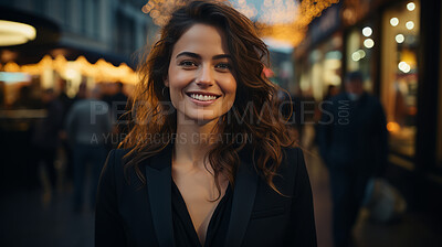 Buy stock photo Woman, portrait and business with night, street and professional entrepreneur in city. Happy, smiling and urban with modern female wearing a business suit for leadership and bokeh success