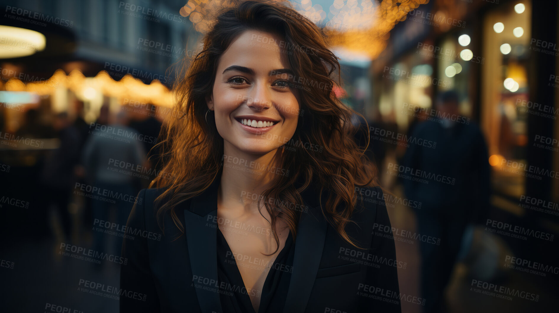 Buy stock photo Woman, portrait and business with night, street and professional entrepreneur in city. Happy, smiling and urban with modern female wearing a business suit for leadership and bokeh success