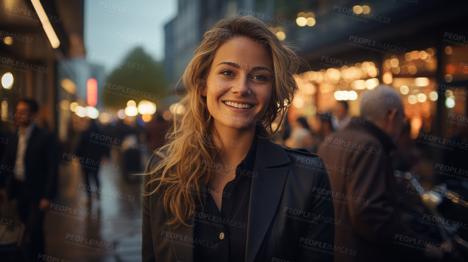 Buy stock photo Woman, portrait and business with night, street and professional entrepreneur in city. Happy, smiling and urban with modern female wearing a business suit for leadership and bokeh success