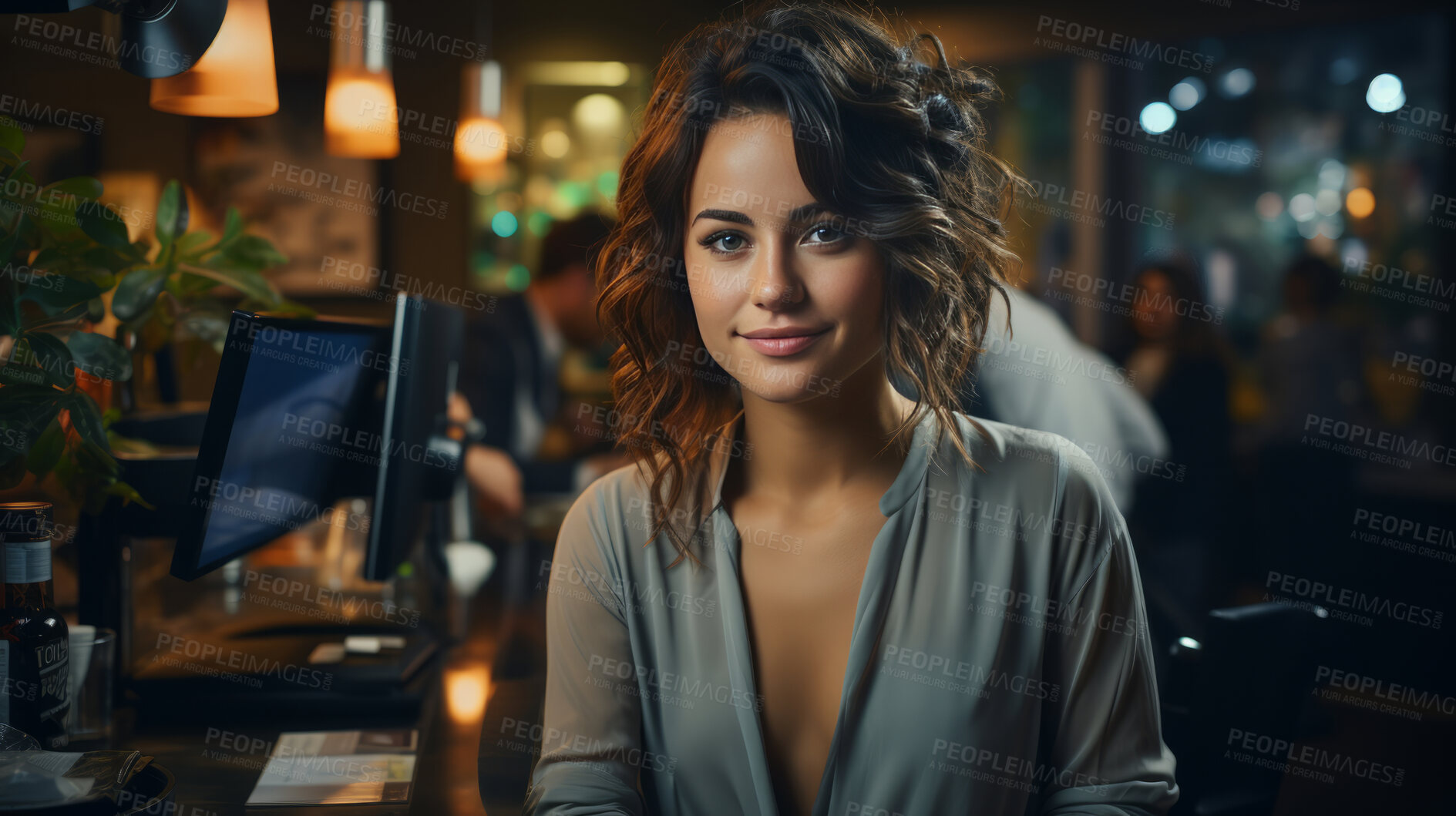 Buy stock photo Woman, portrait and business with night, office and professional entrepreneur in building. Happy, smiling and urban with modern female wearing a business suit for leadership and bokeh success