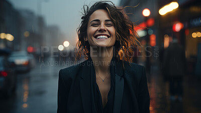 Buy stock photo Woman, thinking and businesswoman with night, street and professional entrepreneur in city. Happy, smiling and urban with modern female wearing a business suit for leadership and bokeh success