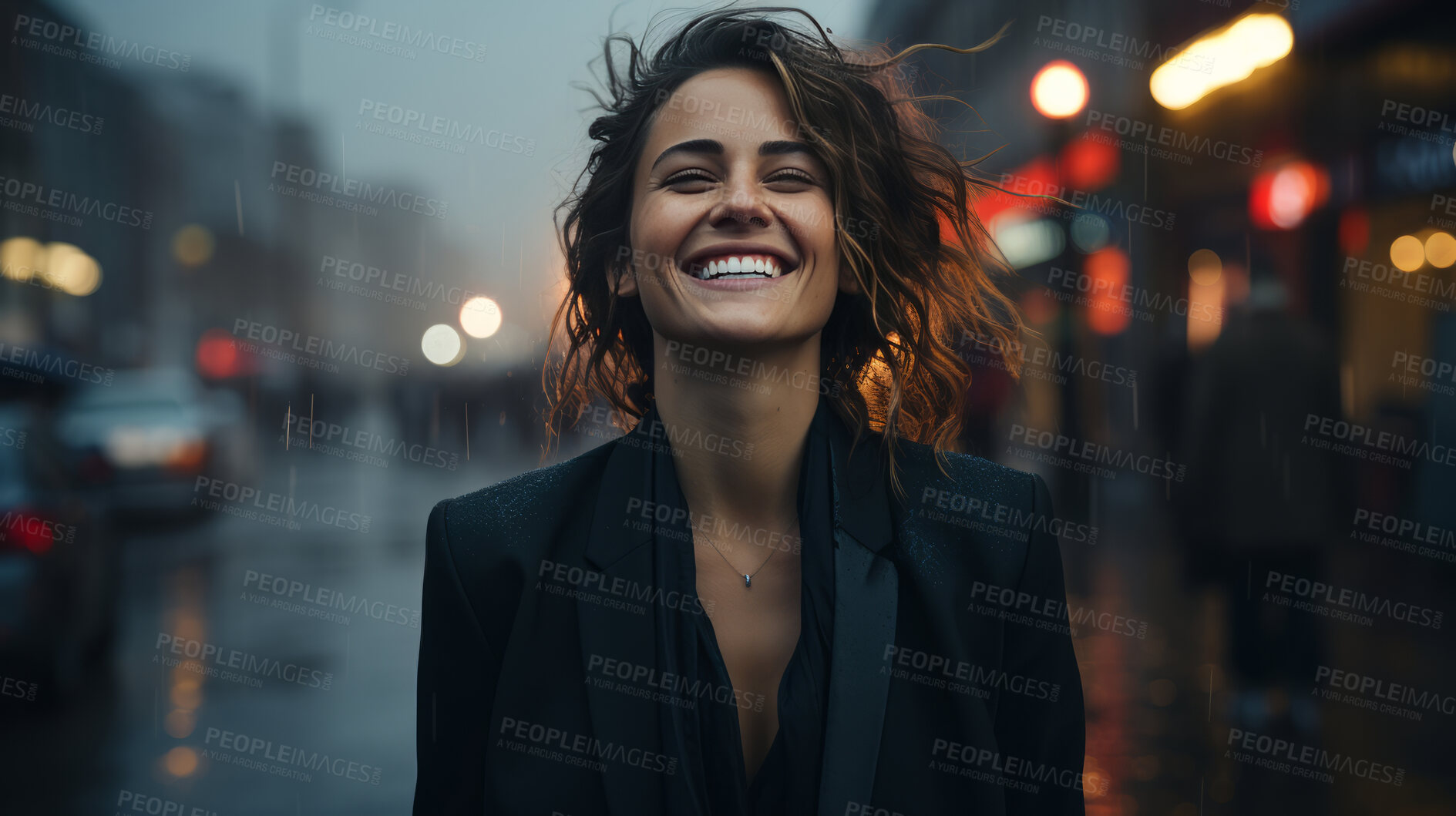 Buy stock photo Woman, thinking and businesswoman with night, street and professional entrepreneur in city. Happy, smiling and urban with modern female wearing a business suit for leadership and bokeh success