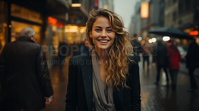 Buy stock photo Woman, portrait and business with night, street and professional entrepreneur in city. Happy, smiling and urban with modern female wearing a business suit for leadership and bokeh success