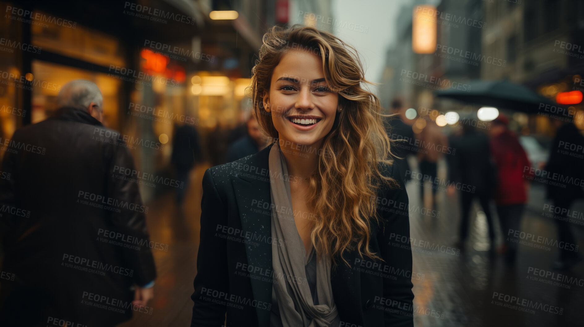 Buy stock photo Woman, portrait and business with night, street and professional entrepreneur in city. Happy, smiling and urban with modern female wearing a business suit for leadership and bokeh success