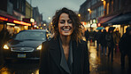 Woman, portrait and business with night, street and professional entrepreneur in city. Happy, smiling and urban with modern female wearing a business suit for leadership and bokeh success