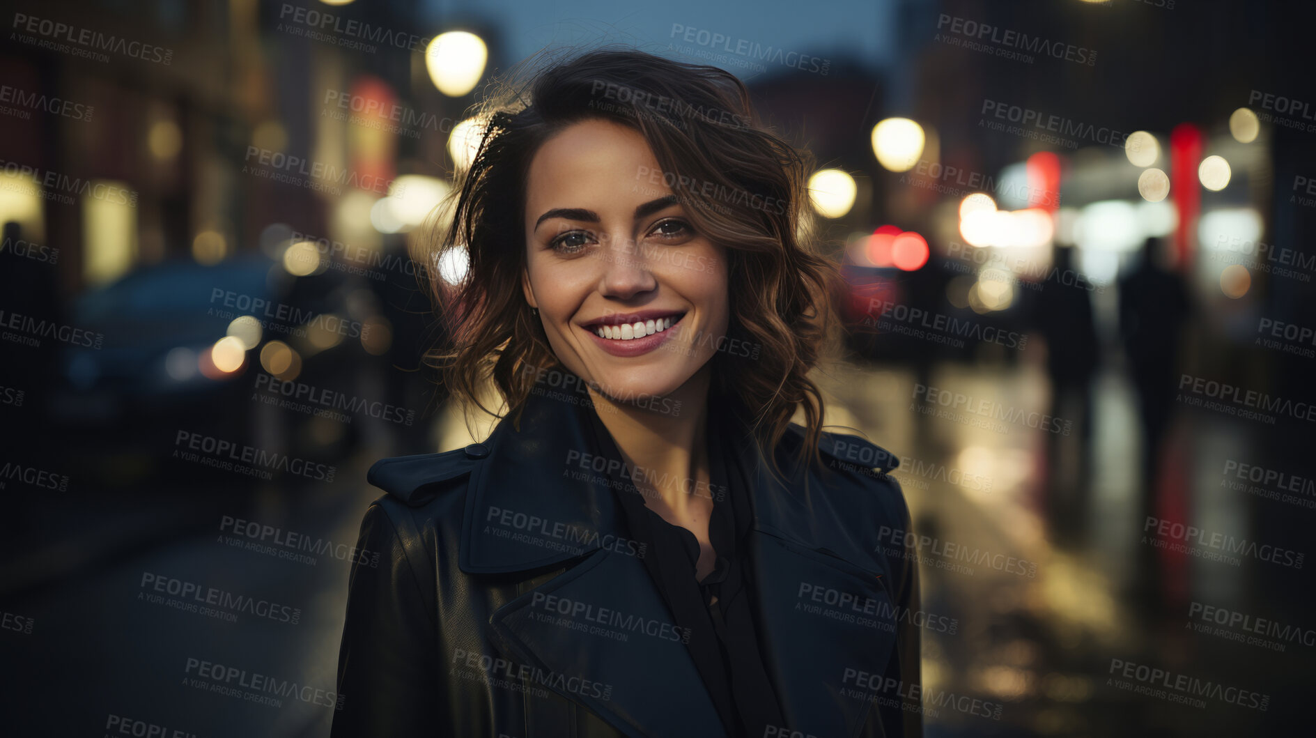 Buy stock photo Woman, portrait and business with night, street and professional entrepreneur in city. Happy, smiling and urban with modern female wearing a business suit for leadership and bokeh success