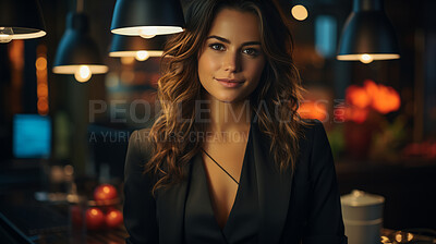 Woman, portrait and business with night, office and professional entrepreneur in building. Happy, smiling and urban with modern female wearing a business suit for leadership and bokeh success