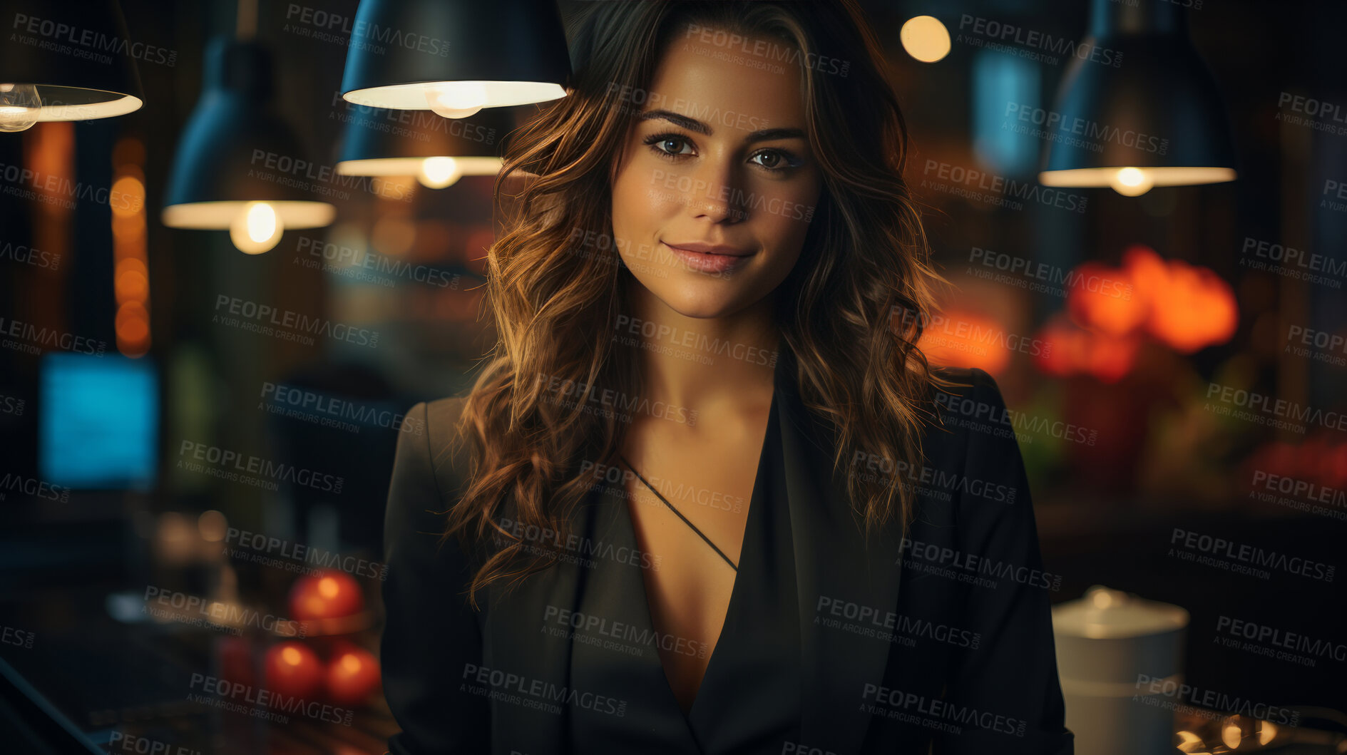 Buy stock photo Woman, portrait and business with night, office and professional entrepreneur in building. Happy, smiling and urban with modern female wearing a business suit for leadership and bokeh success