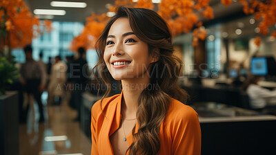 Asian, thinking and business with office, background and professional entrepreneur in building. Happy, smiling and urban with Japanese female wearing a business suit for leadership and bokeh success