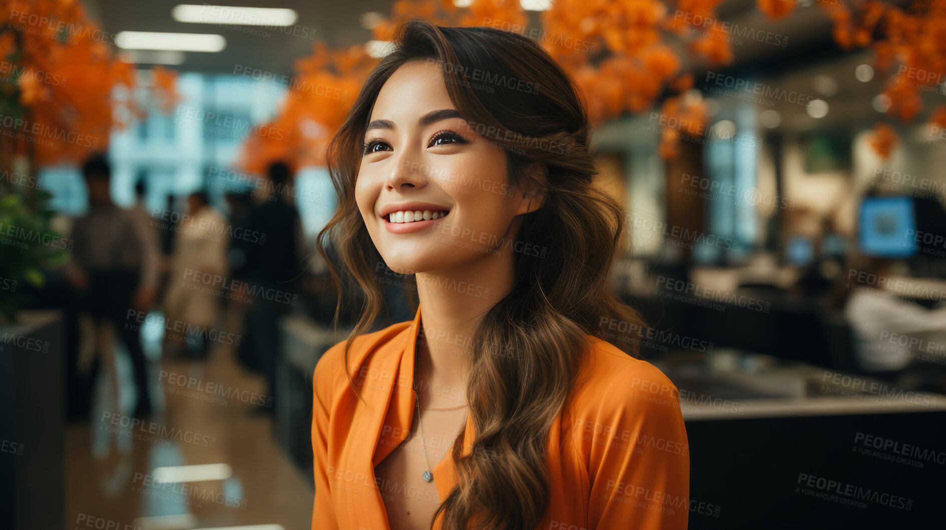 Buy stock photo Asian, thinking and business with office, background and professional entrepreneur in building. Happy, smiling and urban with Japanese female wearing a business suit for leadership and bokeh success