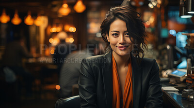 Asian, portrait and business with night, office and professional entrepreneur in building. Happy, smiling and urban with Japanese female wearing a business suit for leadership and bokeh success
