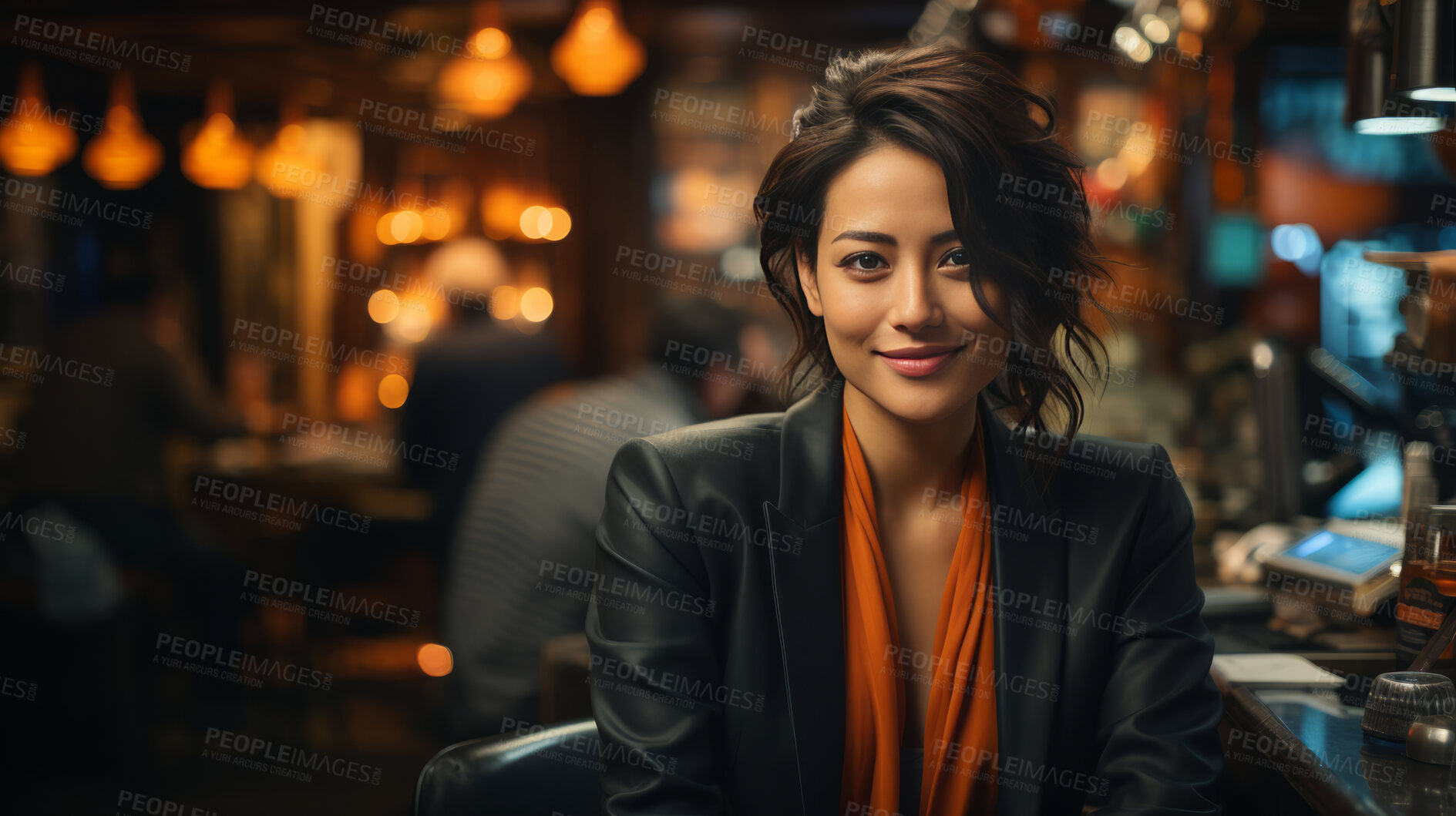 Buy stock photo Asian, portrait and business with night, office and professional entrepreneur in building. Happy, smiling and urban  with Japanese female wearing a business suit for leadership and bokeh success