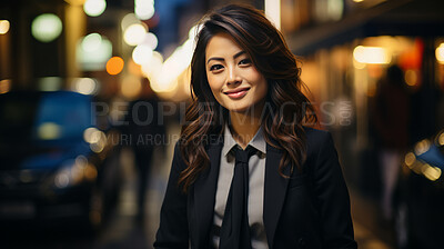 Asian, portrait and businesswoman with night, city and professional entrepreneur in street. Happy, smiling and urban town with Japanese female wearing a business suit for leadership and bokeh success