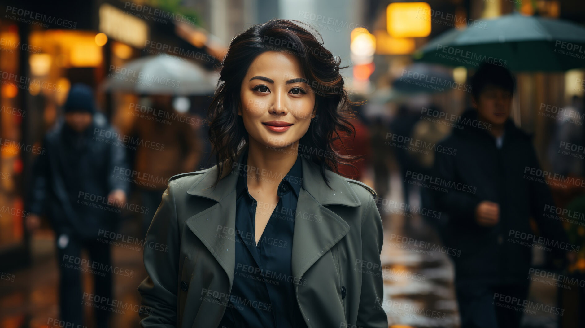 Buy stock photo Asian, portrait and businesswoman with night, city and professional entrepreneur in street. Happy, smiling and urban town with Japanese female wearing a business suit for leadership and bokeh success