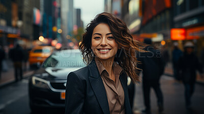 Woman, portrait and businesswoman with night, city and professional entrepreneur in street. Happy, smiling and urban town with Japanese female wearing a business suit for leadership and bokeh success