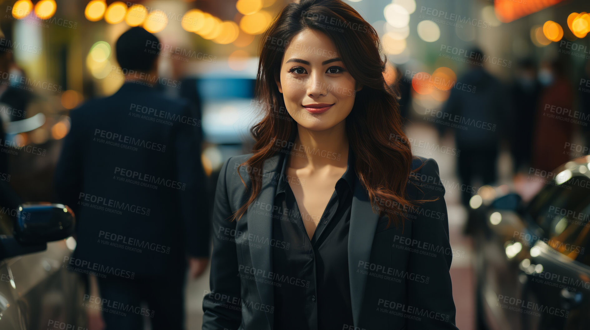 Buy stock photo Asian, portrait and businesswoman with night, city and professional entrepreneur in street. Happy, smiling and urban town with Japanese female wearing a business suit for leadership and bokeh success