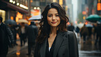 Woman, portrait and businesswoman with night, city and professional entrepreneur in street. Happy, smiling and urban town with Japanese female wearing a business suit for leadership and bokeh success