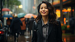 Asian, portrait and businesswoman with night, city and professional entrepreneur in street. Happy, smiling and urban town with Japanese female wearing a business suit for leadership and bokeh success