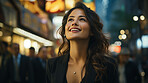 Woman, thinking and businesswoman with night, city and professional entrepreneur in street. Happy, smiling and urban town with Japanese female wearing a business suit for leadership and bokeh success