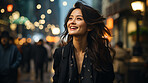 Asian, thinking and businesswoman with night, city and professional entrepreneur in street. Happy, smiling and urban town with Japanese female wearing a business suit for leadership and bokeh success