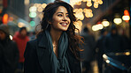 Asian, thinking and businesswoman with night, city and professional entrepreneur in street. Happy, smiling and urban town with Japanese female wearing a business suit for leadership and bokeh success