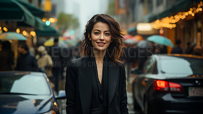 Woman, portrait and businesswoman with night, city and professional entrepreneur in street. Happy, smiling and urban town with Japanese female wearing a business suit for leadership and bokeh success