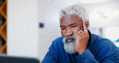 Buy stock photo Senior black man, face and thinking for decision, choice or idea on laptop in living room at home. Mature African male person in thought, wonder or contemplating for information on computer at house