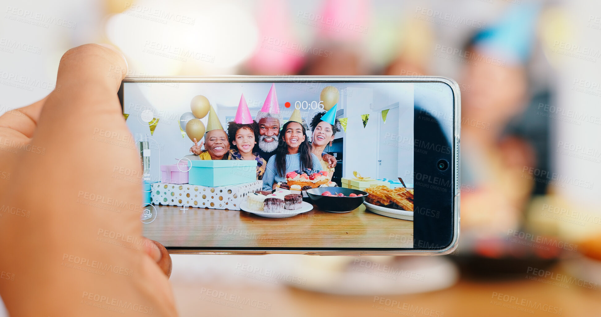 Buy stock photo Happy birthday, camera and phone screen for family photo, celebration or memory together at home. Closeup of excited people smile on mobile smartphone display for photography, picture or bonding