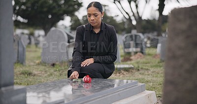 Buy stock photo Sad woman, graveyard and rose on tombstone in mourning, loss or grief at funeral or cemetery. Female person with flower in depression, death or goodbye at memorial or burial service for loved one