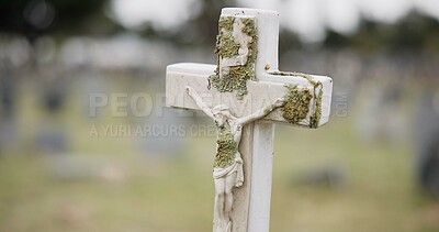 Funeral, tombstone or jesus on cross in graveyard for death ceremony, religion or memorial service. Symbol, background or Christian sign on gravestone for mourning, burial or loss in public cemetery