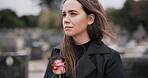 Rose, death or sad woman in graveyard for funeral. spiritual service or burial to respect the Christian religion. Mourning, depressed or person in cemetery thinking of grief, loss or goodbye farewell