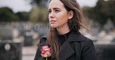 Buy stock photo Rose, death or sad woman in graveyard for funeral. spiritual service or burial to respect the Christian religion. Mourning, depressed or person in cemetery thinking of grief, loss or goodbye farewell