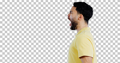 Scream, angry and man in studio at mockup space for crisis, conflict and mad emoji reaction on white background. Profile of frustrated indian model shouting with stress, anger and negative expression