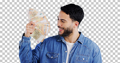 Man, money fan and smile in studio with thinking for financial freedom, goals and decision with success by background. Person, ideas and winner with bonus cash, revenue or excited for salary increase