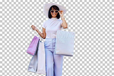 Retail, shopping and fashion with portrait of woman and sunglasses for sales, mall and discount in summer. Gift, happy and store with girl customer for luxury, smile and wealth lifestyle with bags