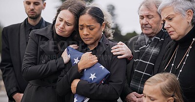 Buy stock photo Sad, family and funeral with comfort, woman and support with compassion, empathy and depression. People, wife of loved one and friends with love, USA flag and sympathy with grief, goodbye or remember