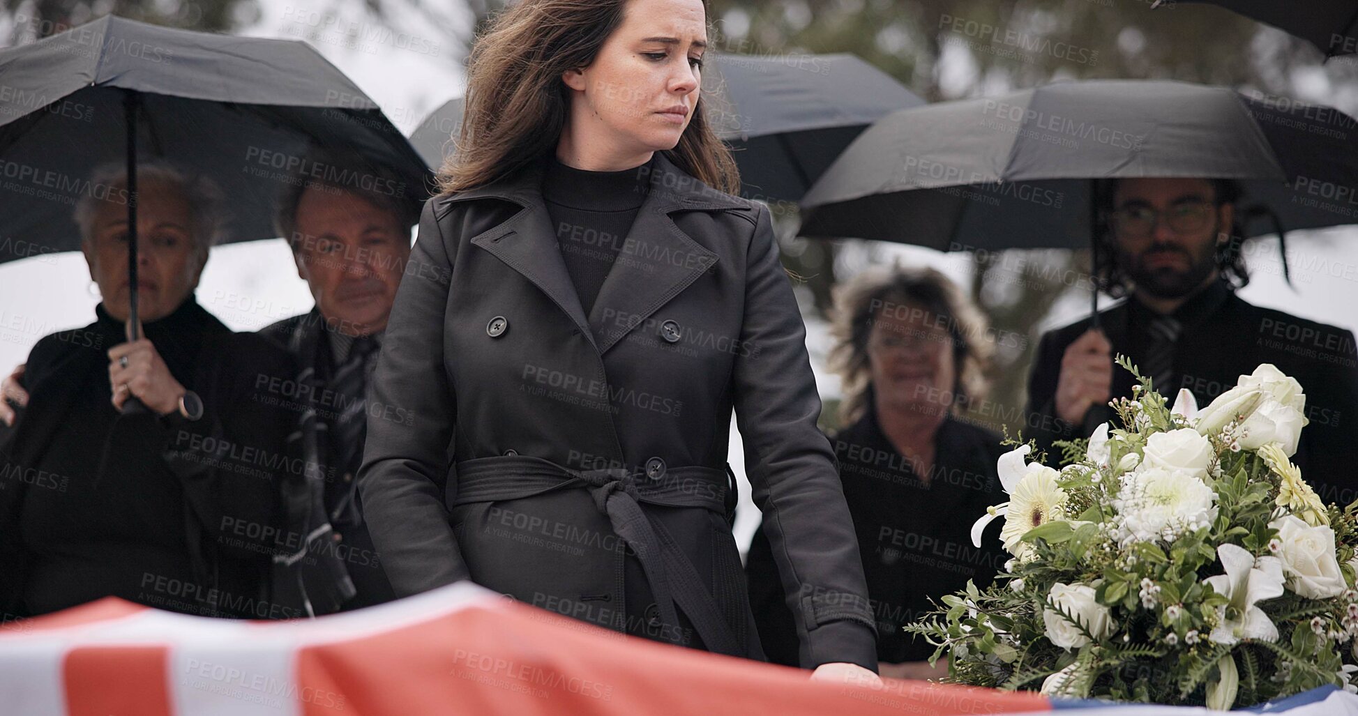 Buy stock photo USA veteran funeral, woman and sad to touch casket, family and flag with mourning, depression and respect. Widow, people and army service with coffin, burial and crying for war hero in Philadelphia