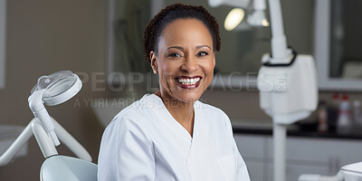 Dentist, happy female and orthodontist in a medical office for dentistry, teeth and dental health. Confident, smile or friendly woman in a hospital for surgery, diagnosis or professional occupation