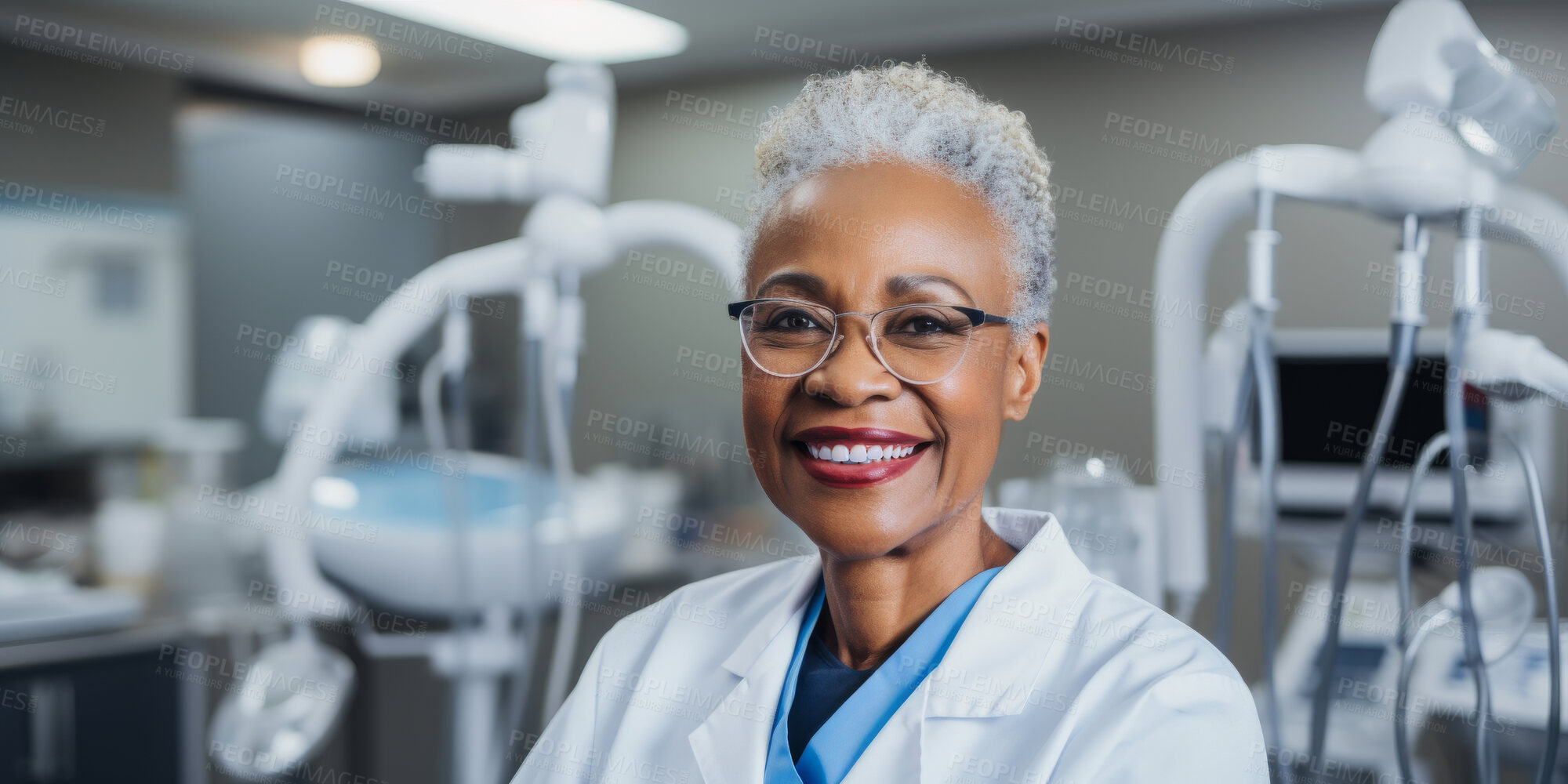 Buy stock photo Dentist, happy female and orthodontist in a medical office for dentistry, teeth and dental health. Confident, smile or friendly woman in a hospital for surgery, diagnosis or professional occupation